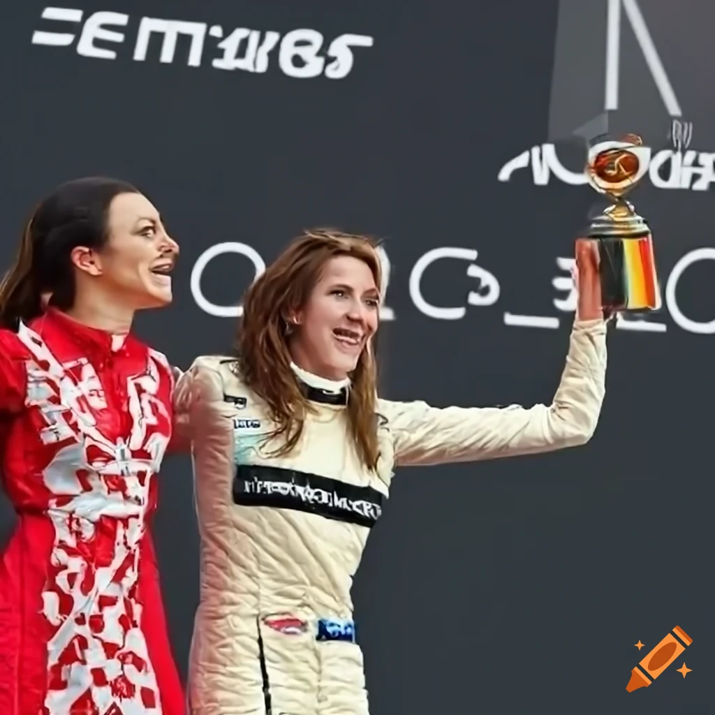 victorious female Formula 1 drivers on podium with logo in background