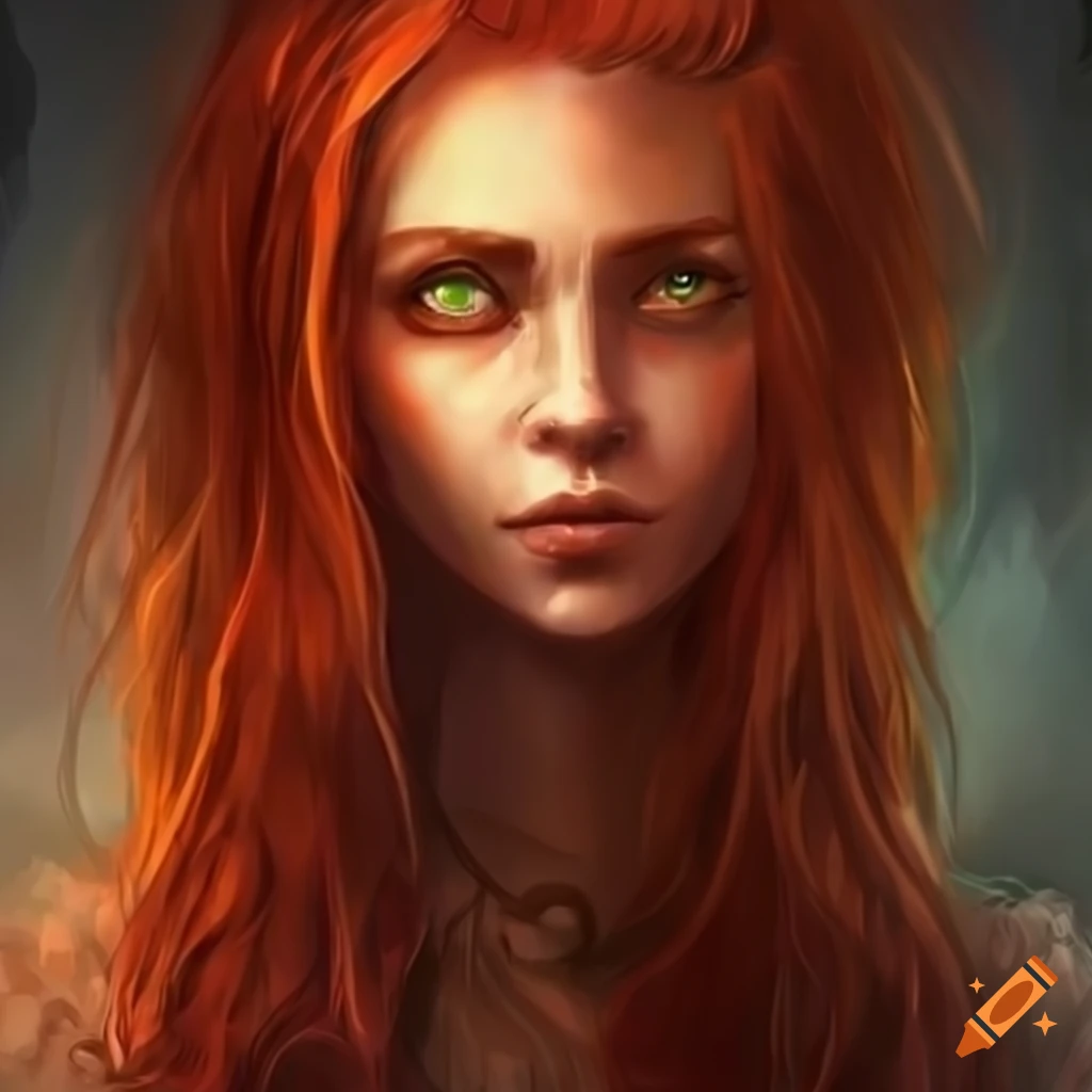 Illustration of a fantasy character with fiery hair on Craiyon