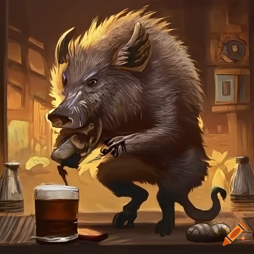 furry artwork of a wild boar enjoying a drink in a pub