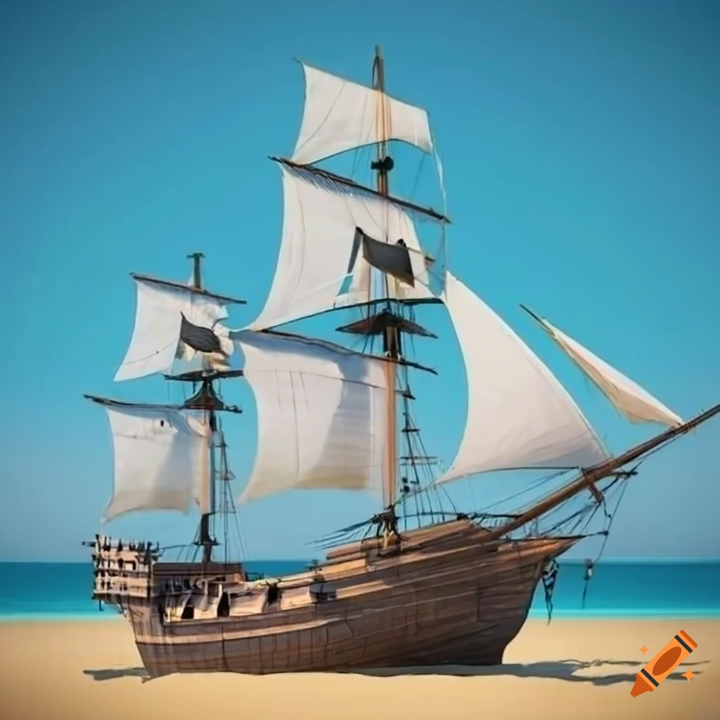 3D rendering of a pirate ship on a sunny beach