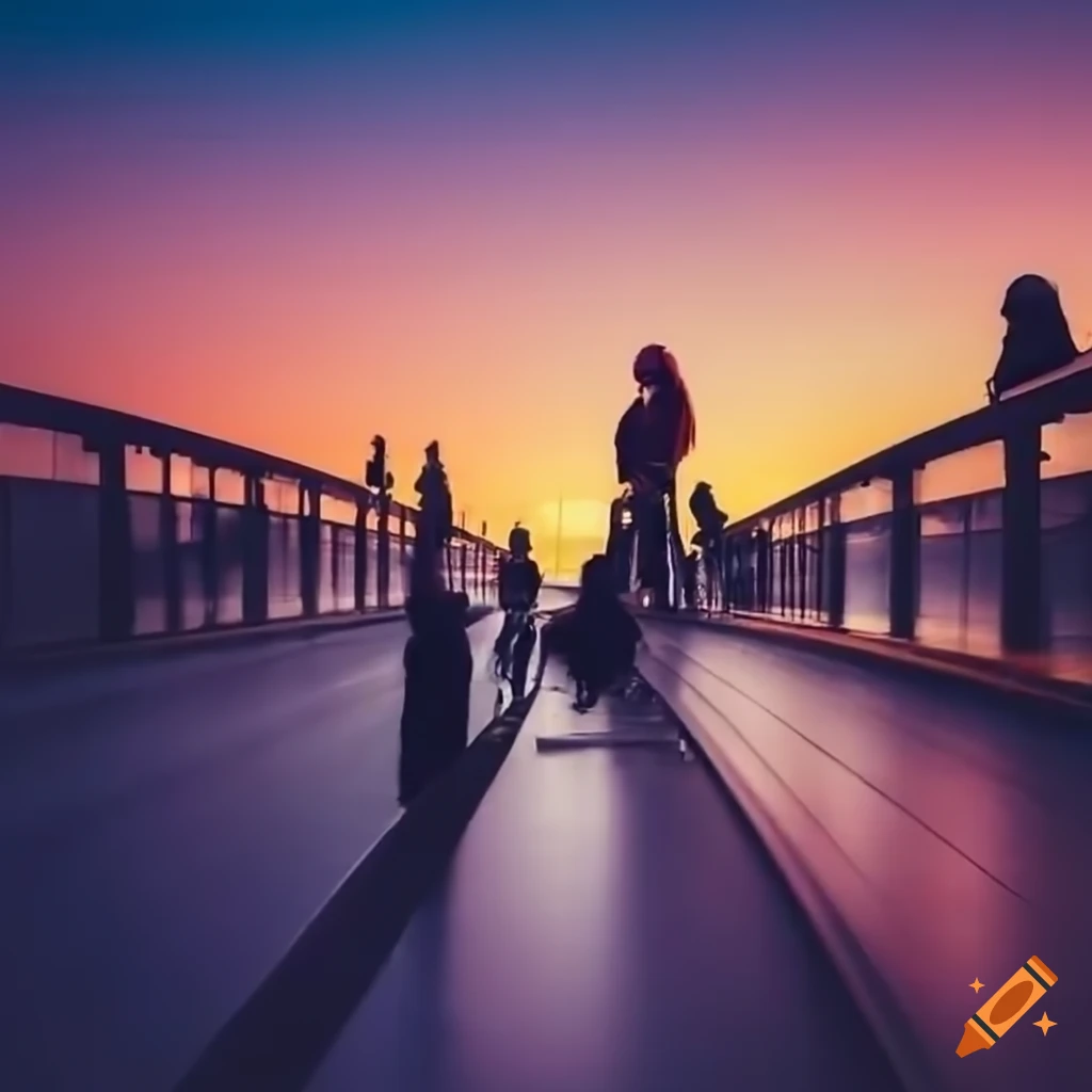 group of people on a bridge after work