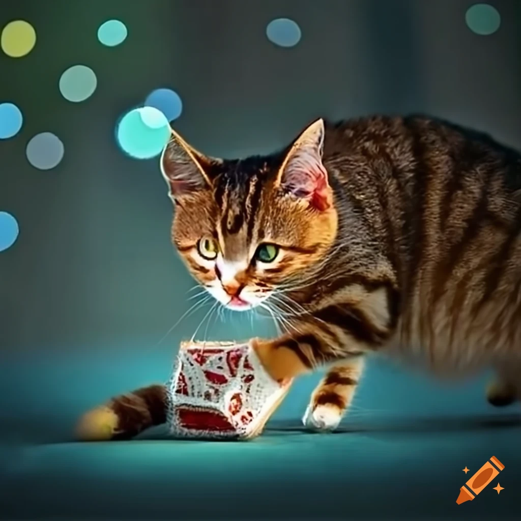 cats playing with dreidel in bokeh background