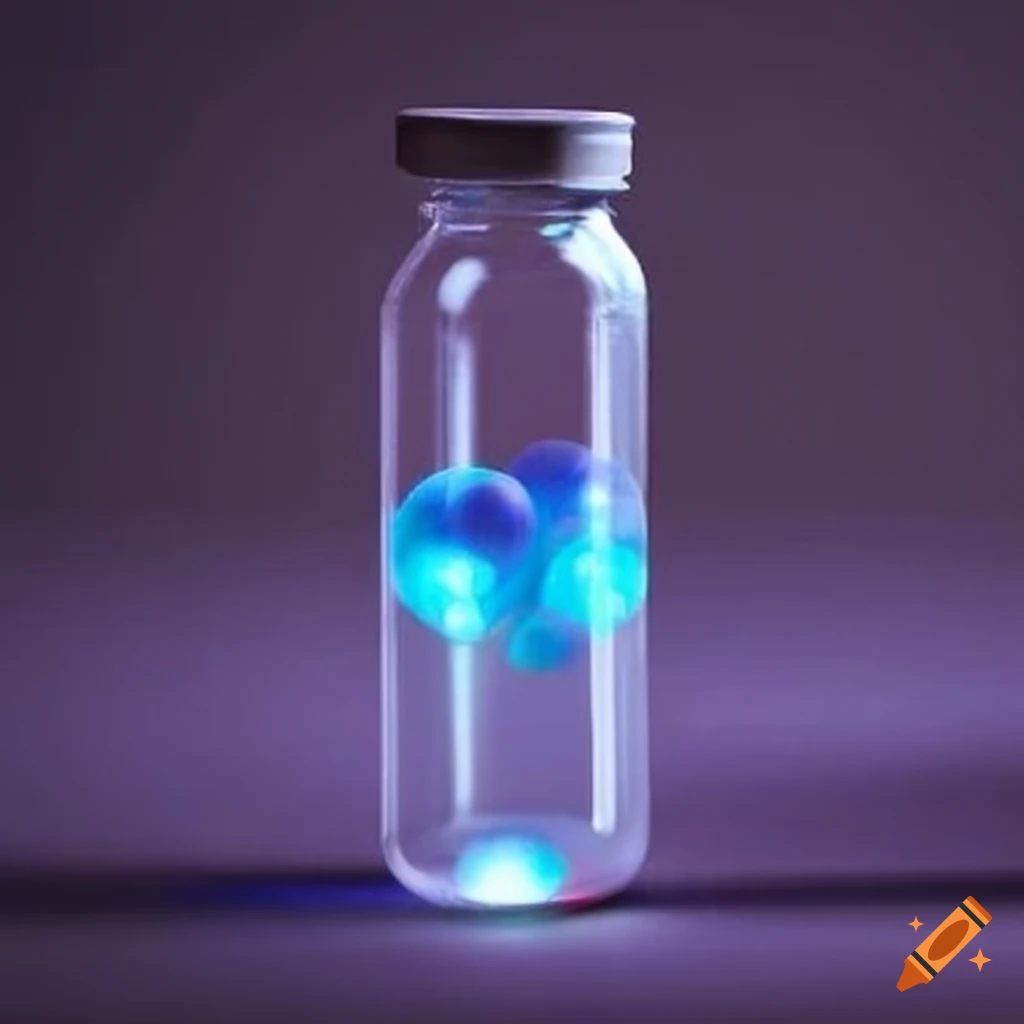 Cylindrical glass vial with glowing orbs inside