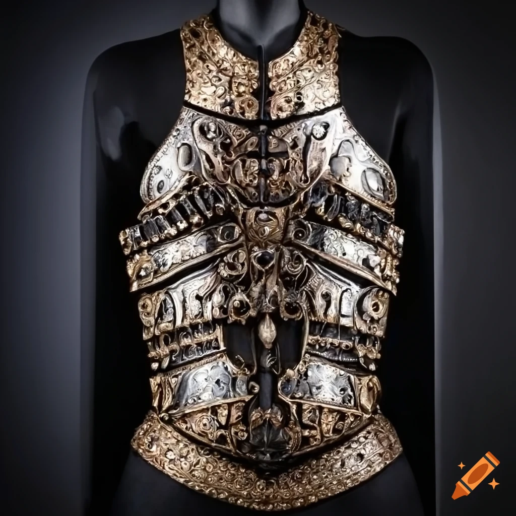 Detailed dark metal breastplate with gemstones