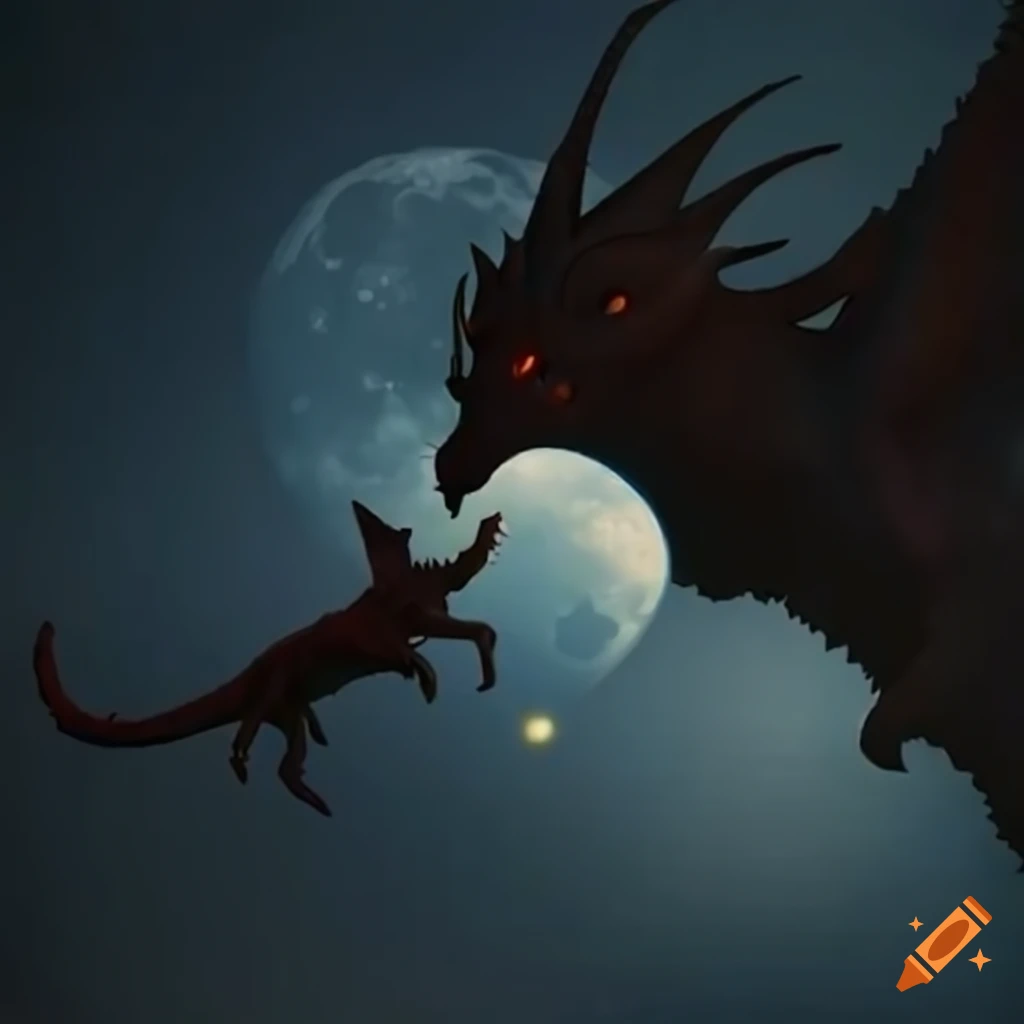 Fantasy artwork of a cat riding a dragon on the moon