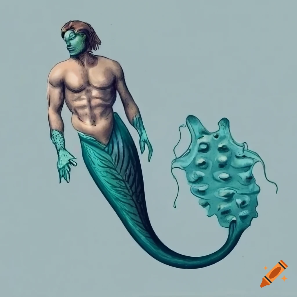 etching of a sea cucumber inspired merman