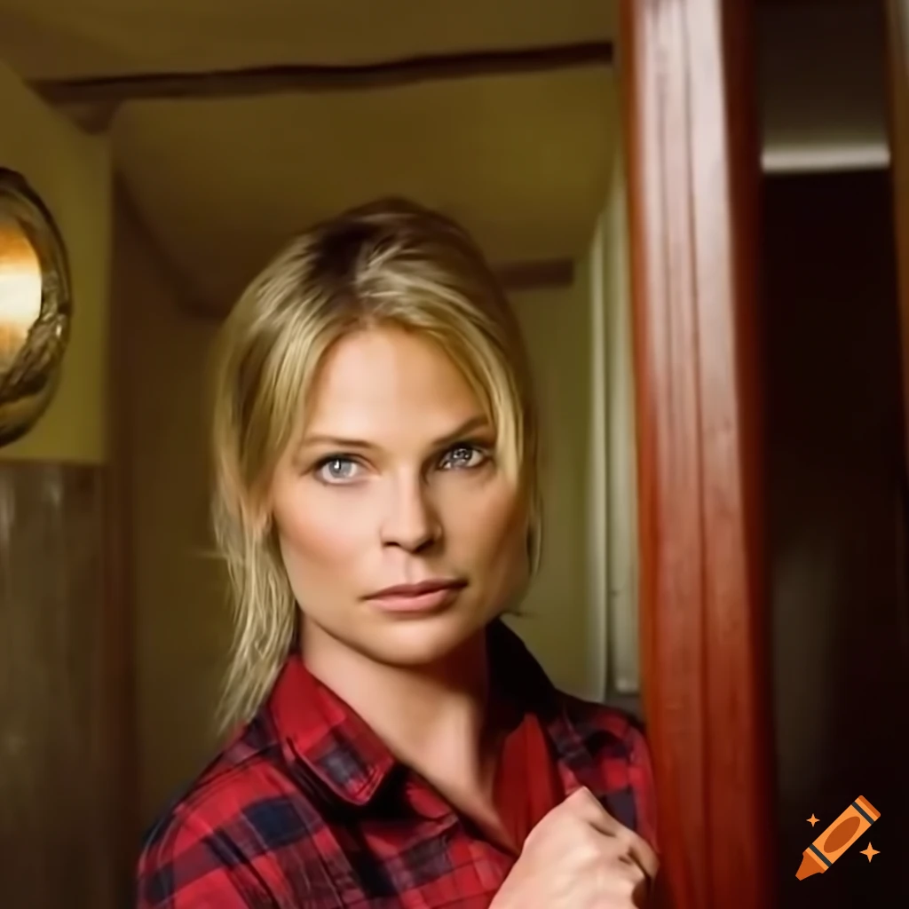 Blonde actress with messy hair and red plaid shirt
