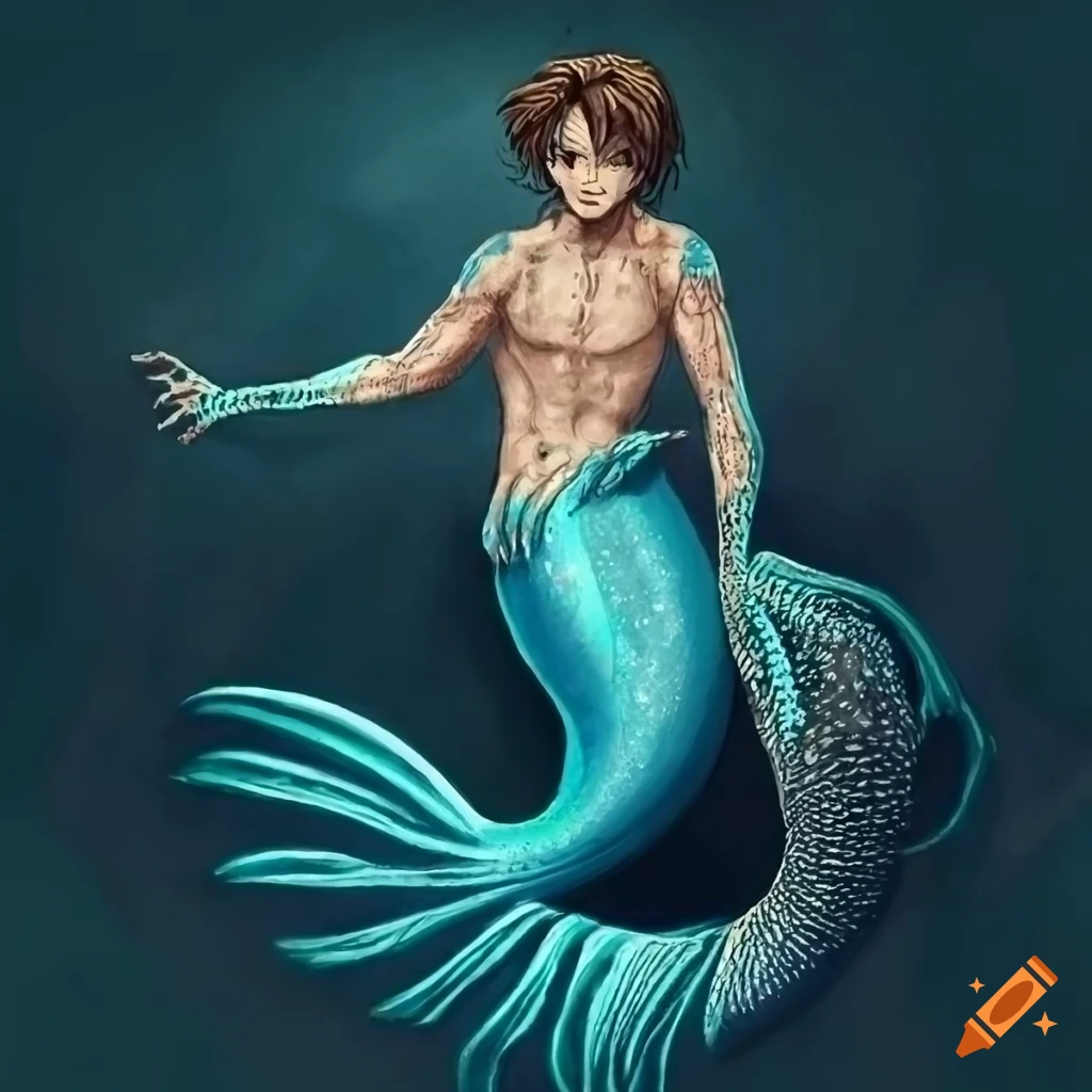 highly detailed etching of a merman with a sea cucumber-lizard hybrid body