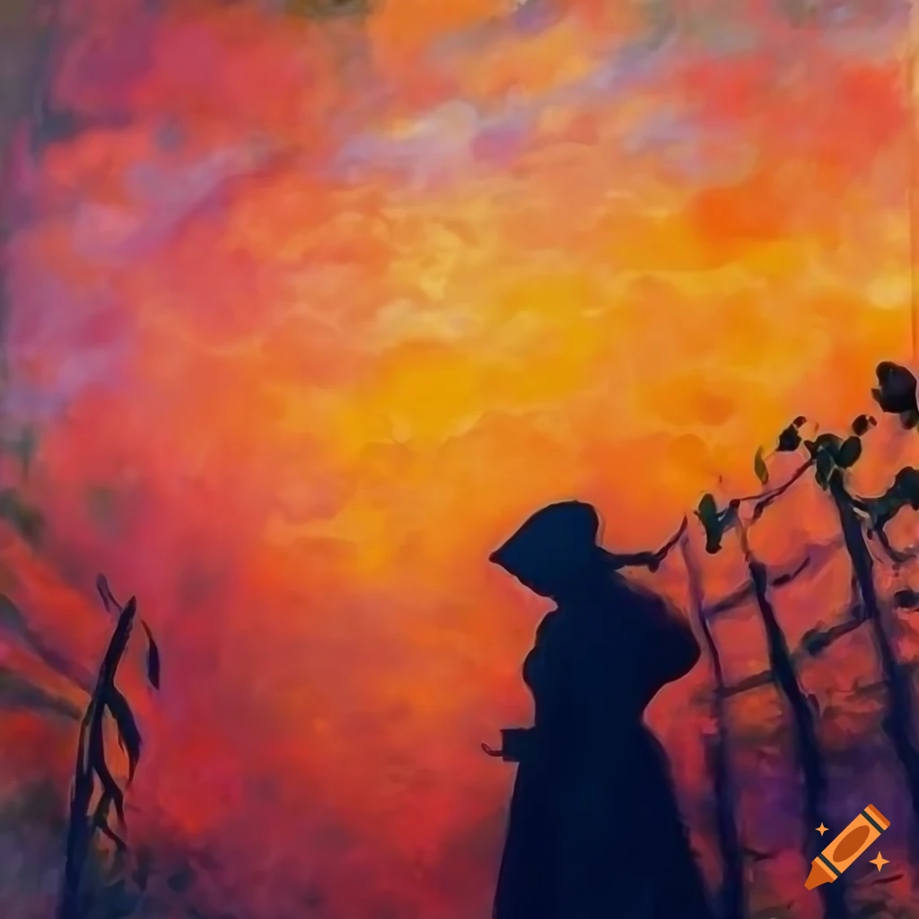 silhouette person in a beautiful orange sky over a vineyard