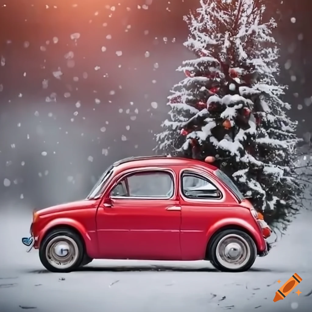 classic red fiat 500 with a christmas tree in winter