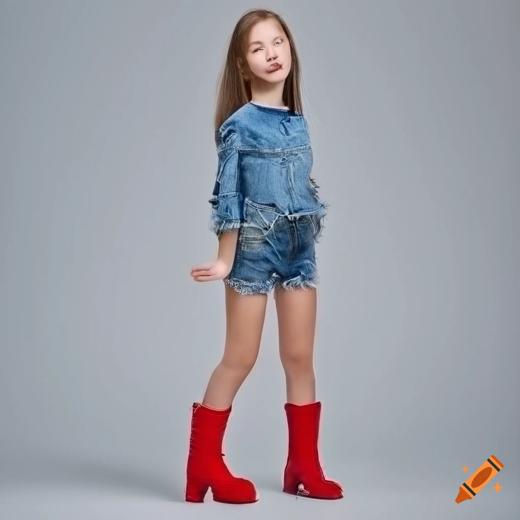 Fashionable girl in denim shorts and red boots on Craiyon