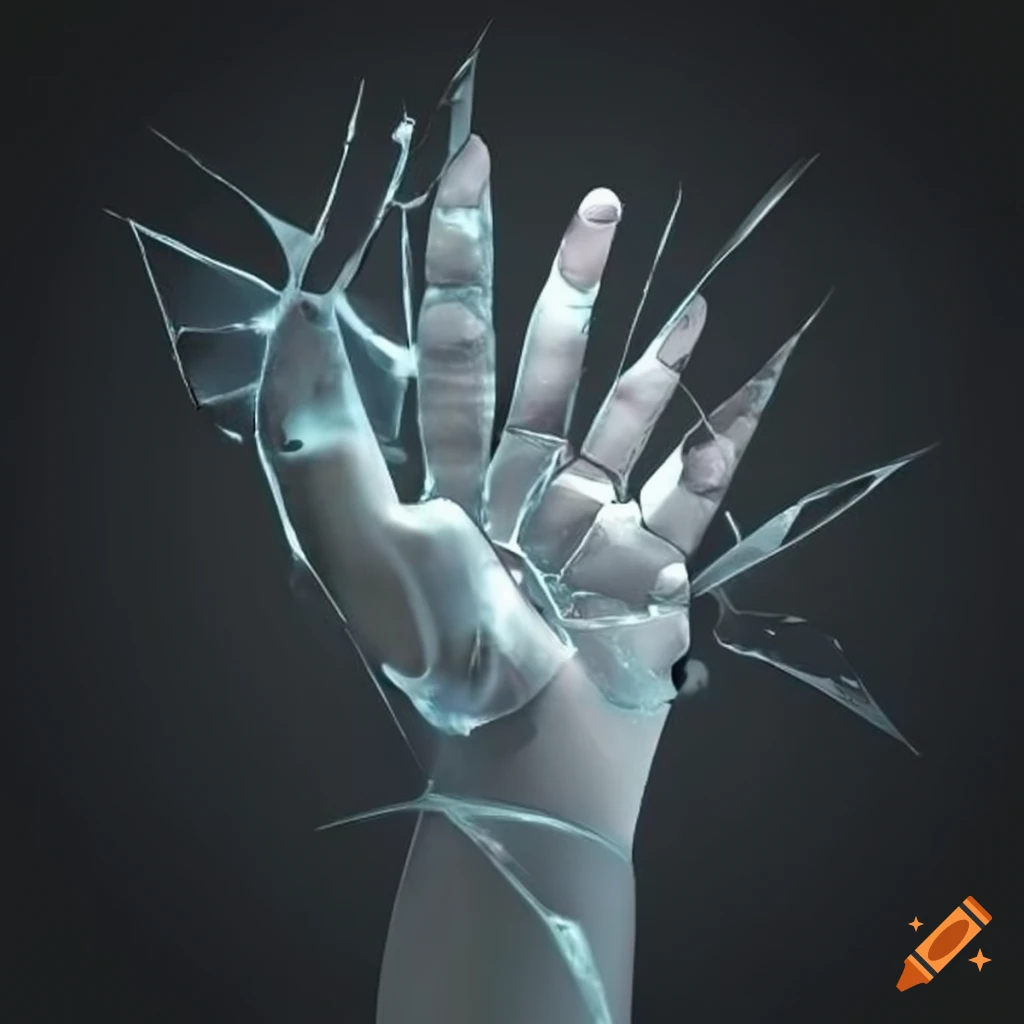 Artistic representation of a shattered glass hand on Craiyon