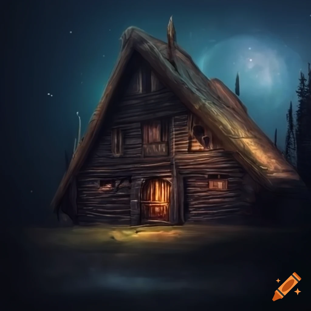medieval cabin under a starry sky