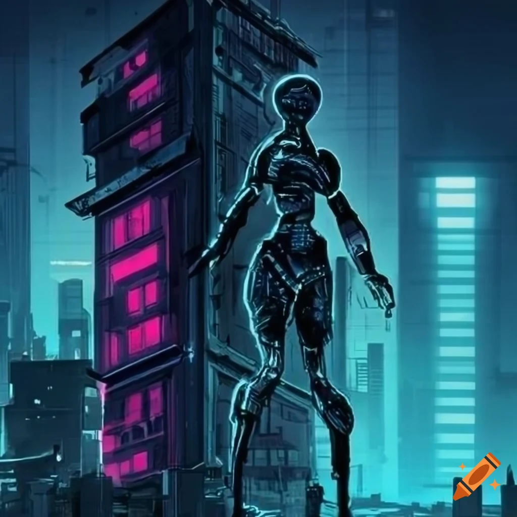 old comic style image of a robot exploring a neon-lit city