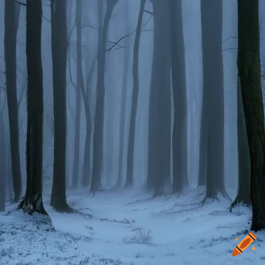 photorealistic winter forest engulfed in fog