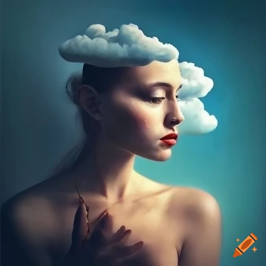 Salvador Dali-style painting of a woman with cloud eyes