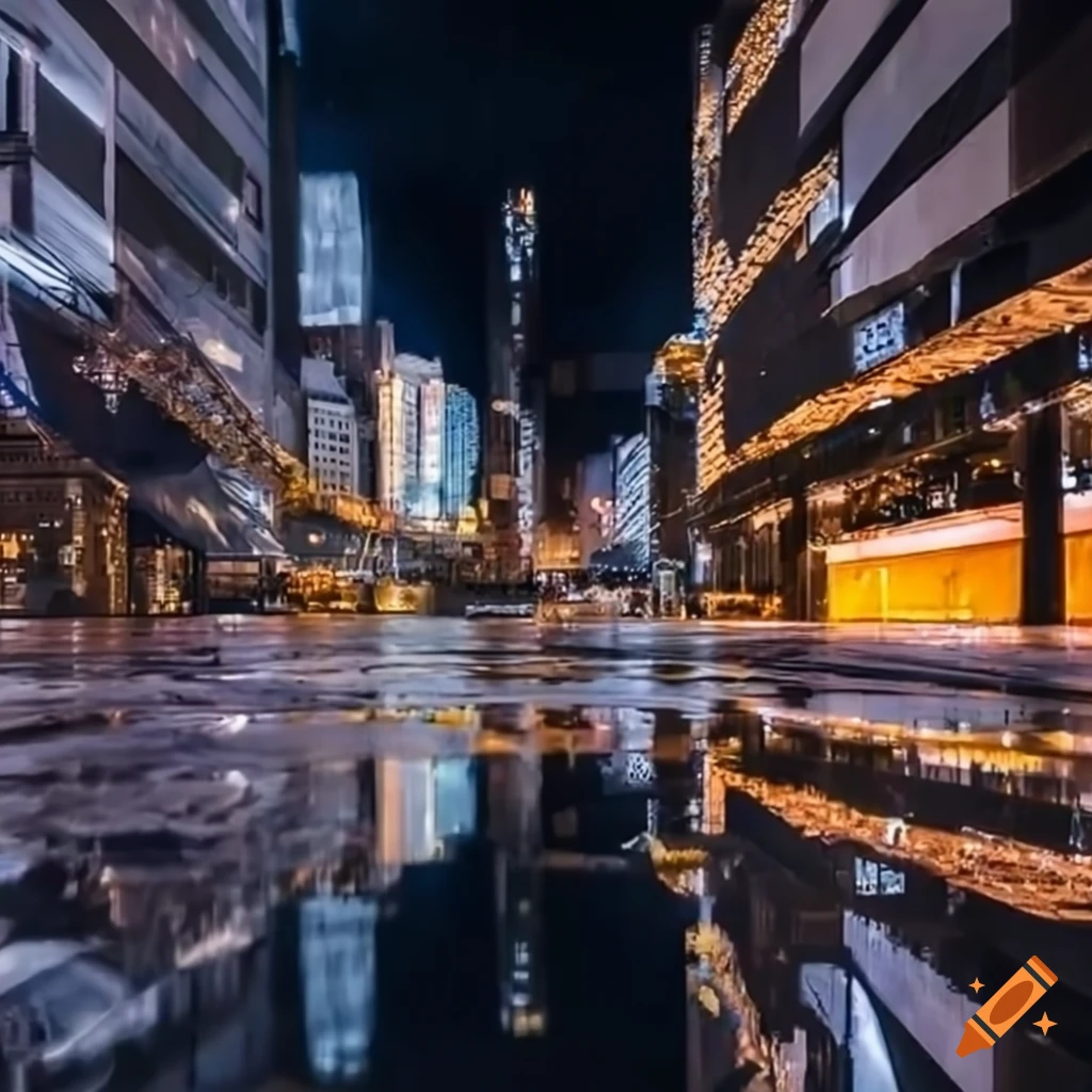 Cityscape with reflections and vibrant night lights on Craiyon