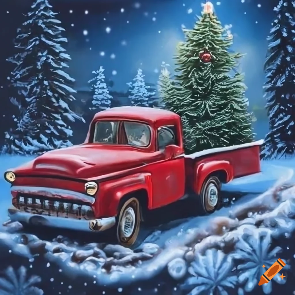Christmas card with a red pickup truck carrying a Christmas tree