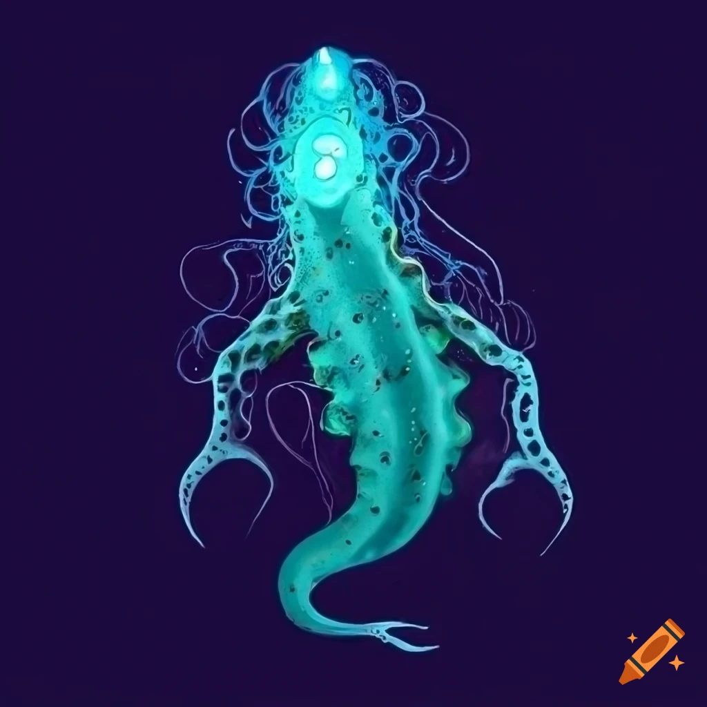 detailed etching of a sea cucumber-merman monster