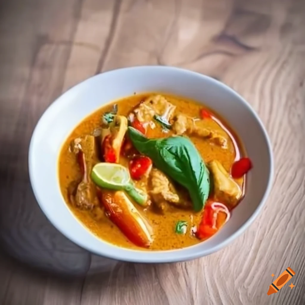 Delicious thai curry with basil rice in a white bowl