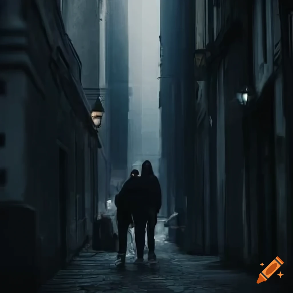 couple walking in a dimly lit alleyway