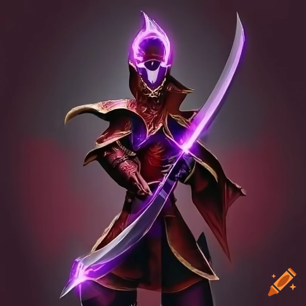 image of a dark avatar with red armor and a purple sword