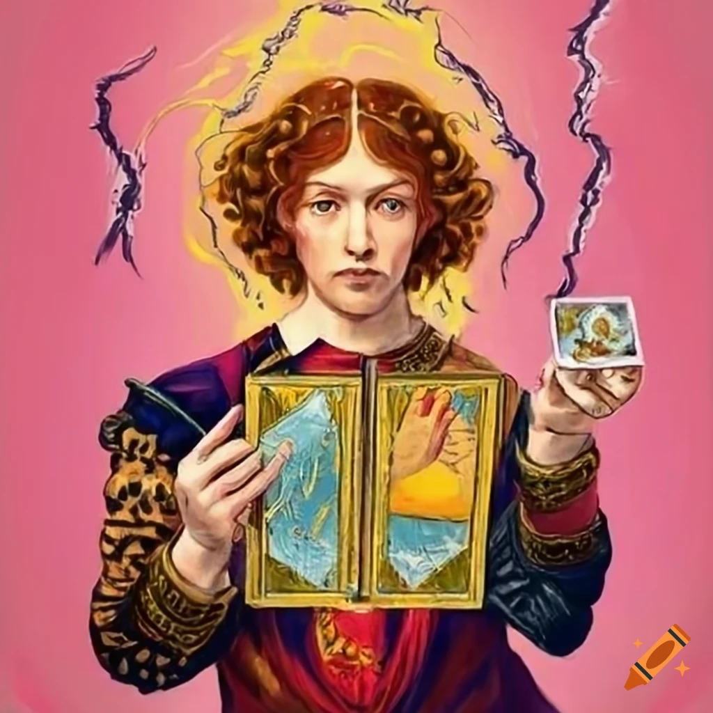 painting of a male magician with dancing cats and lightning