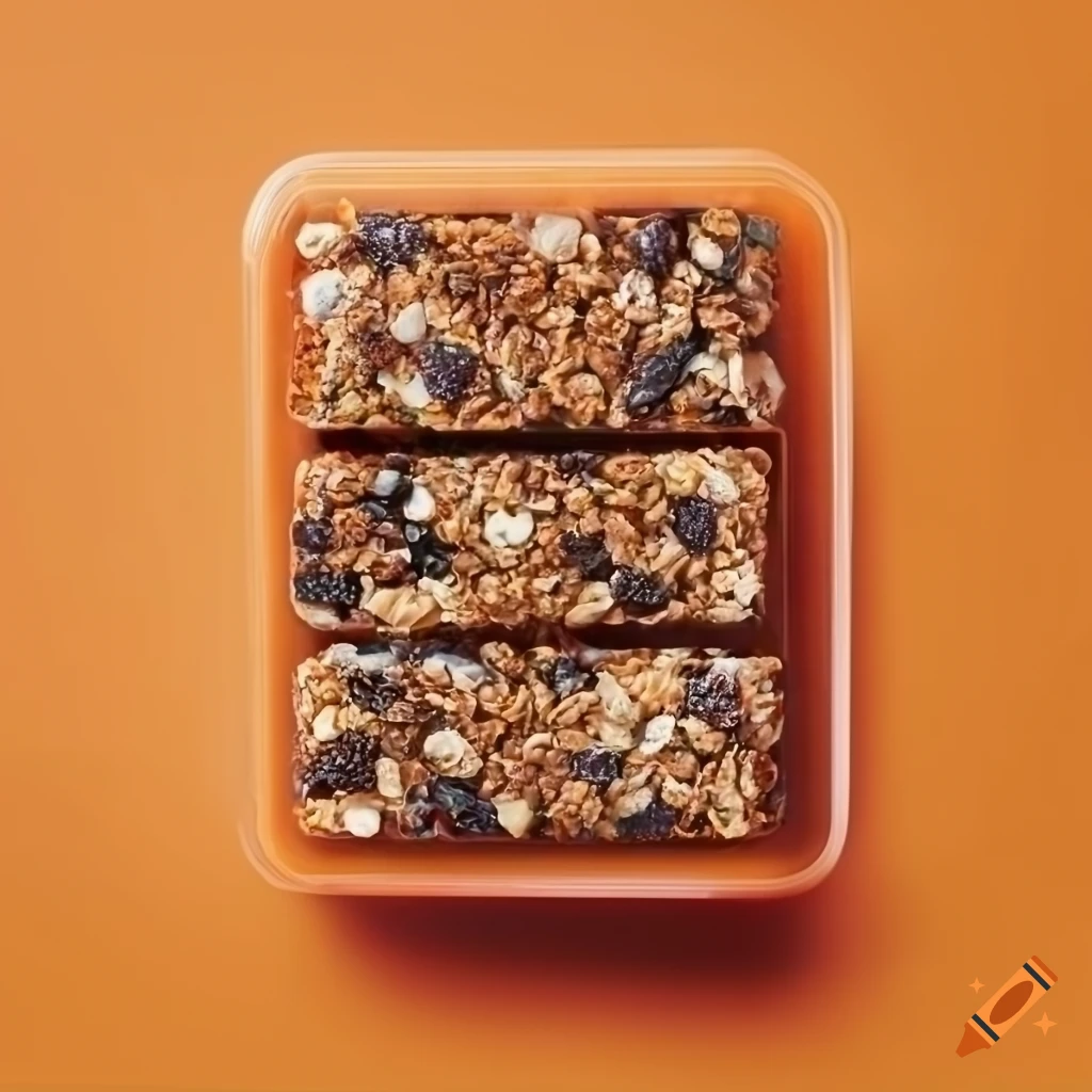 Neatly arranged granola bars in a tupperware container on Craiyon