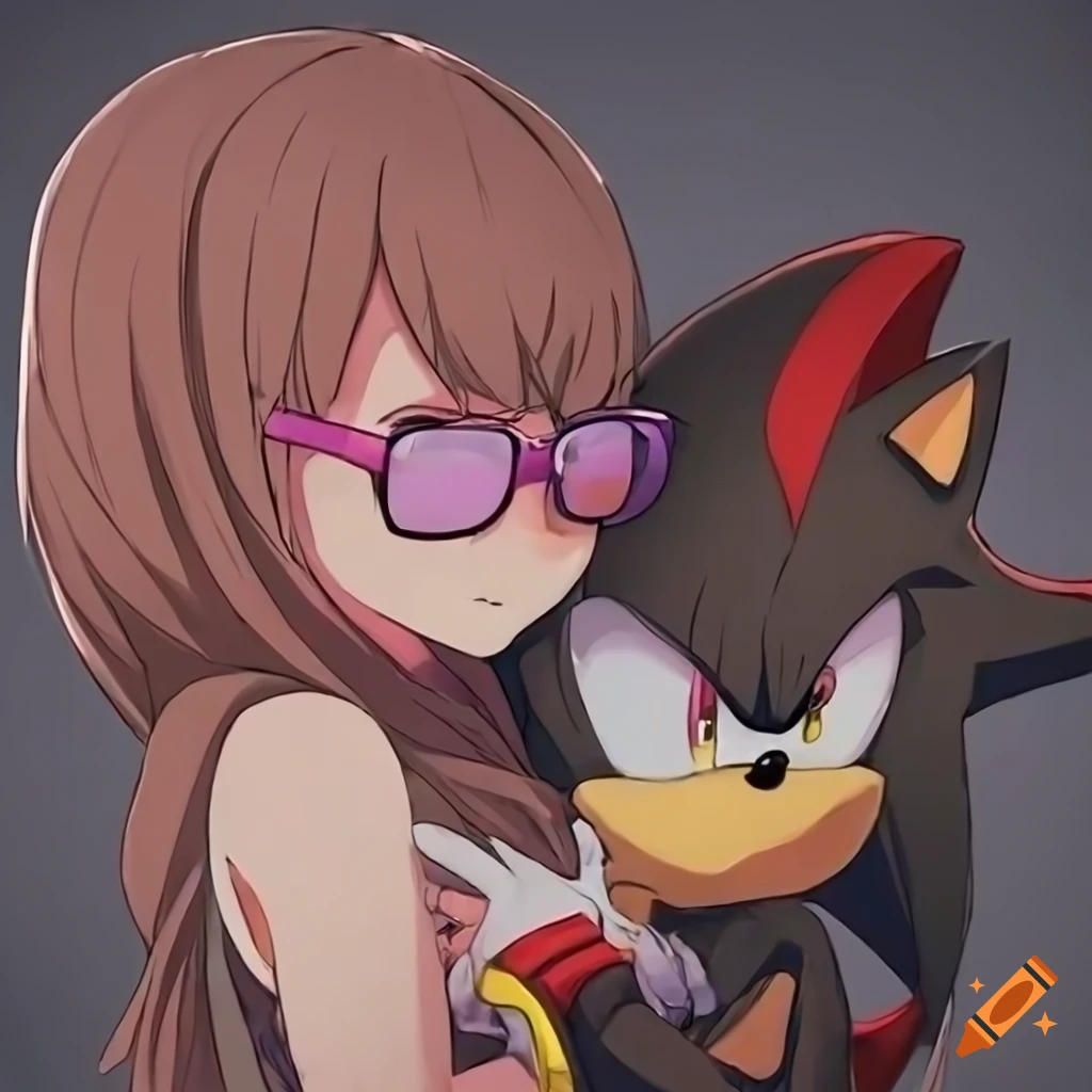 anime woman with brown hair and pink glasses cuddling Shadow the hedgehog