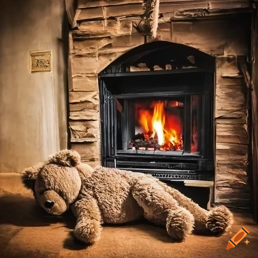 wide-angle view of a toy bear in front of a crackling fireplace