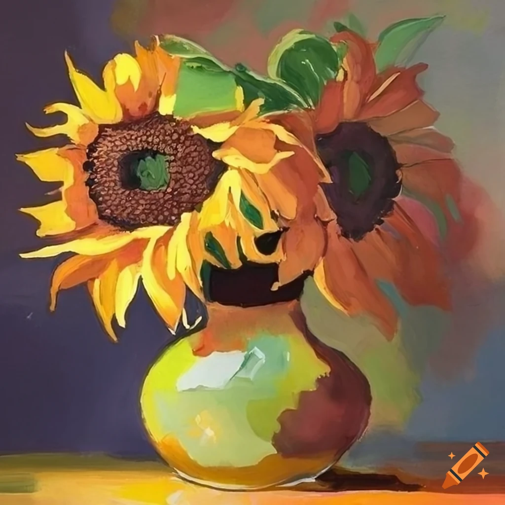 Gouache painting of a sunflower in a vase
