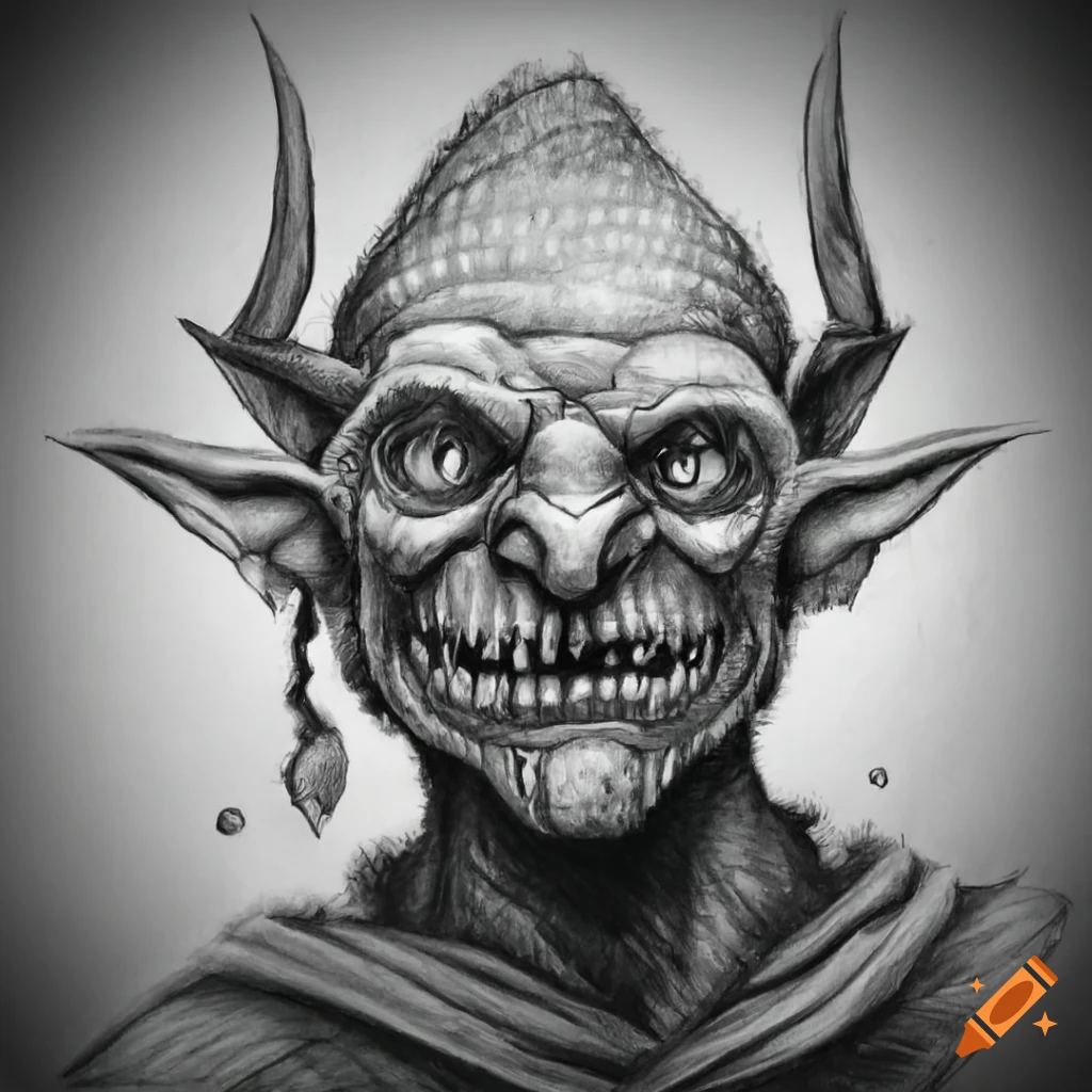 black and white pencil drawing of a goblin