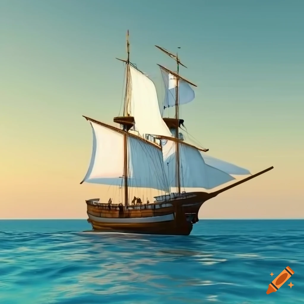 3D rendering of a white sail pirate ship on a sunny beach