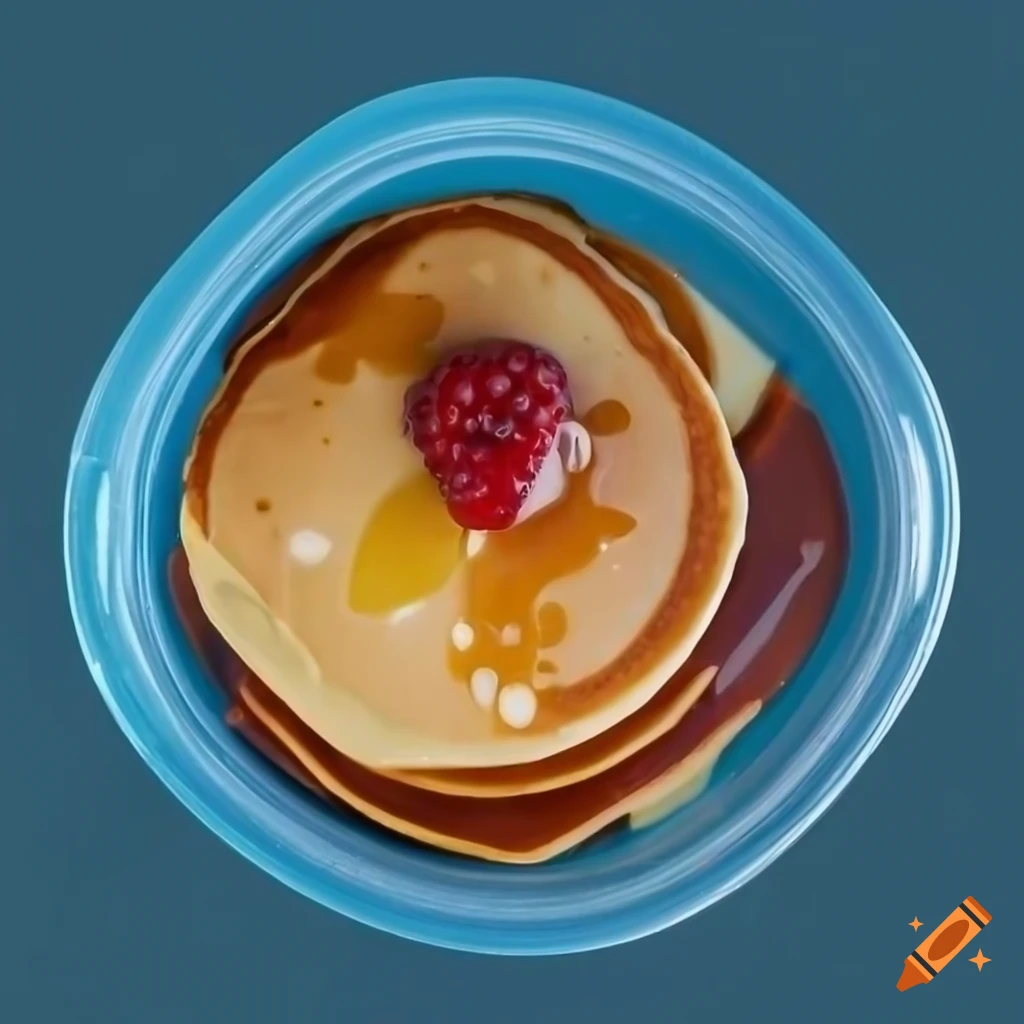 Stack of pancakes with butter and syrup in a tupperware container