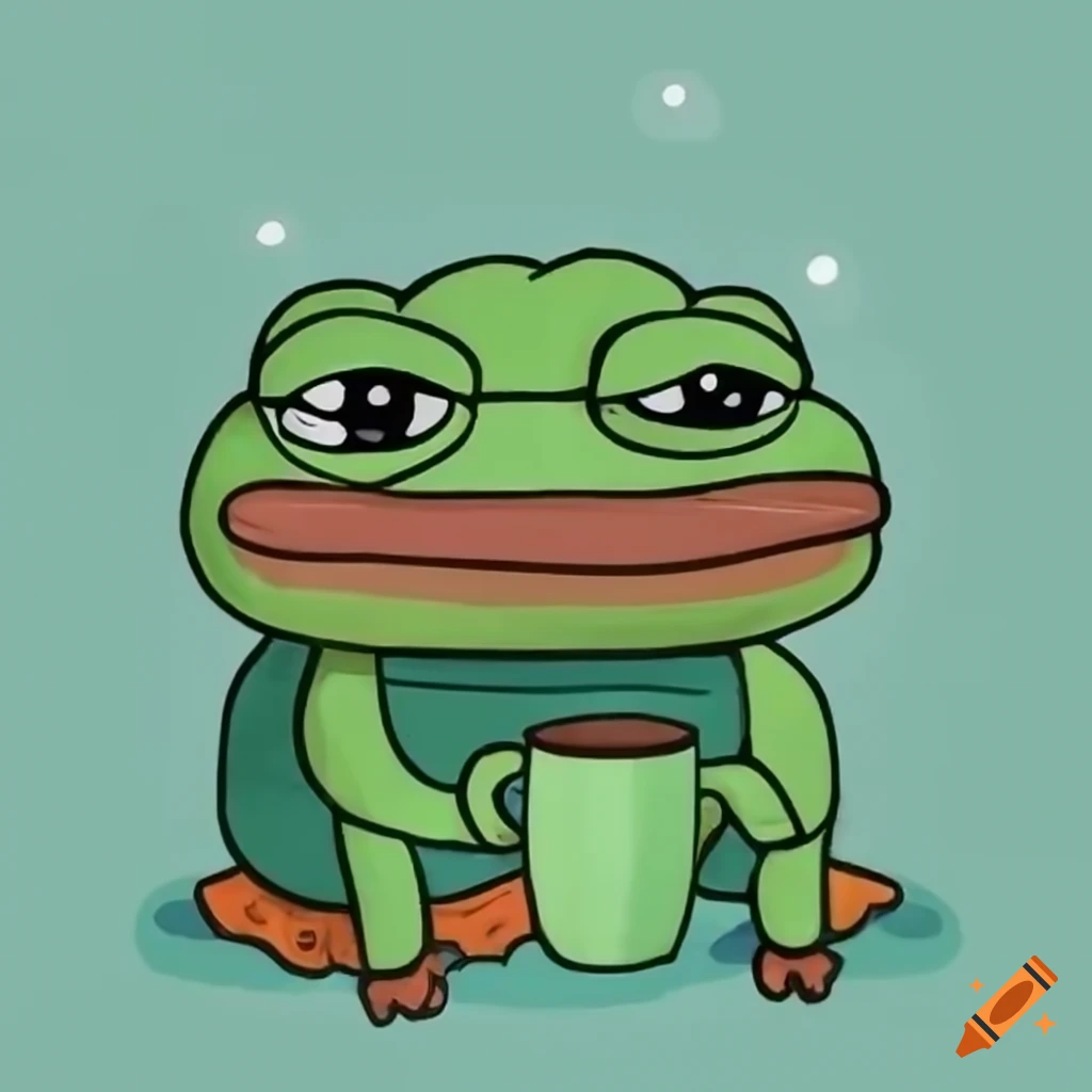 Cozy peepo frog drinking tea under a blanket