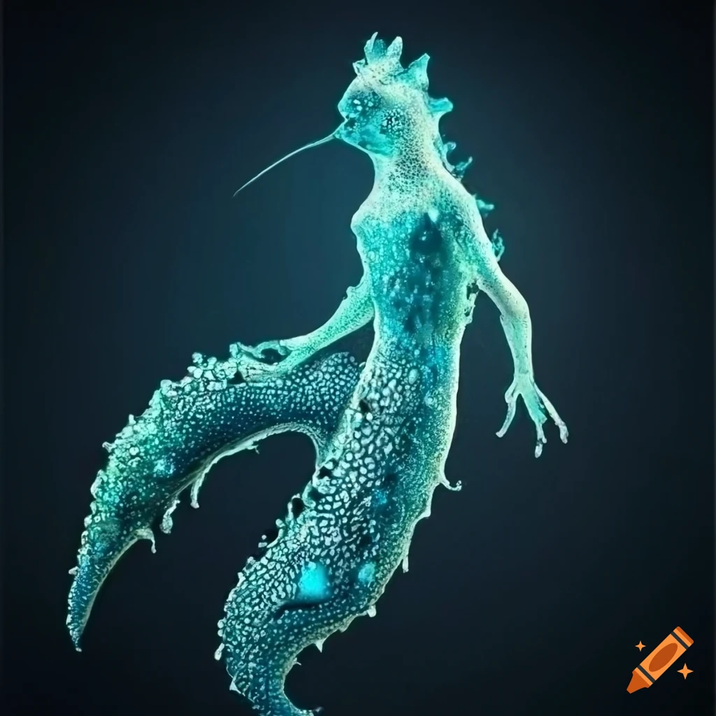 detailed etching of a sea cucumber-merman monster