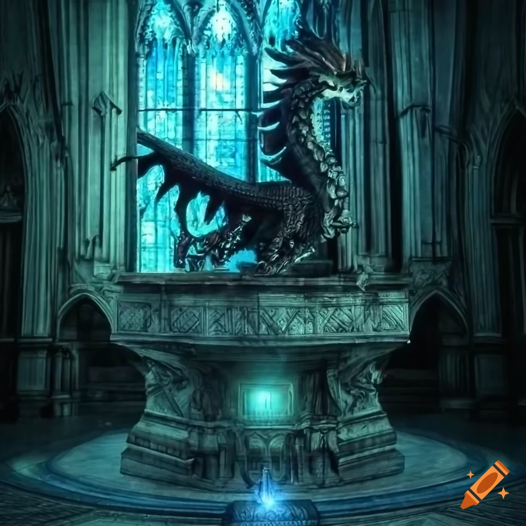 Gothic hall with skeletal dragon statues and a magical object