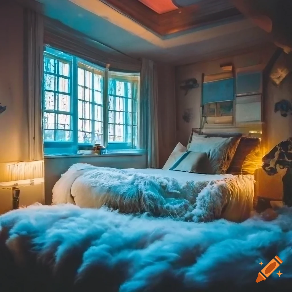 colorful sunset in a cozy 80s girl's room