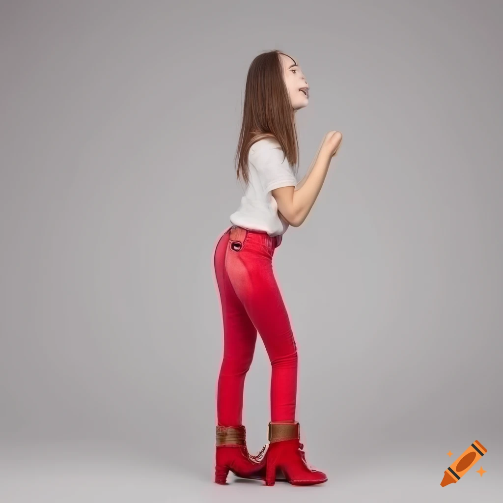 Fashionable girl in denim shorts and red boots