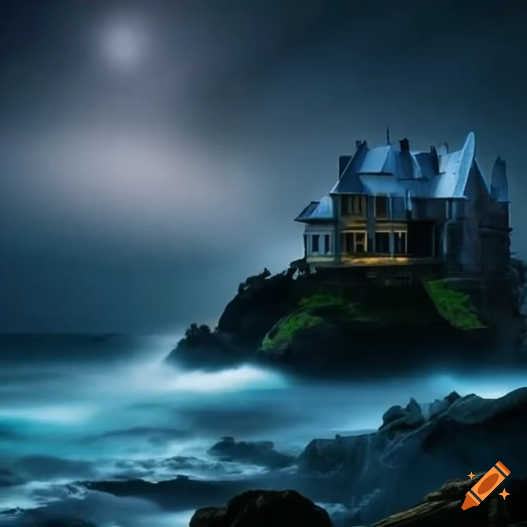 mansion on an island cliff during a stormy night