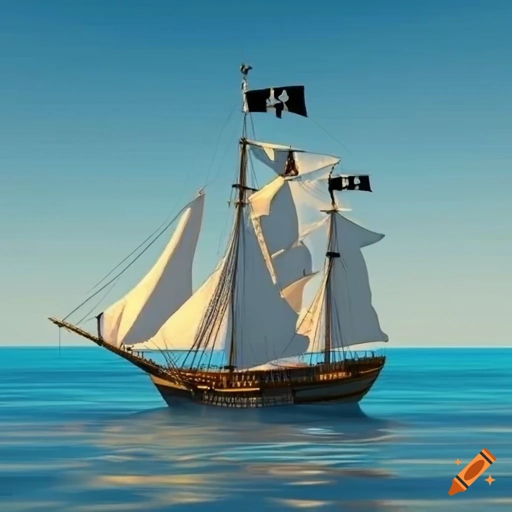 3D rendering of a white sail pirate ship on a sunny beach