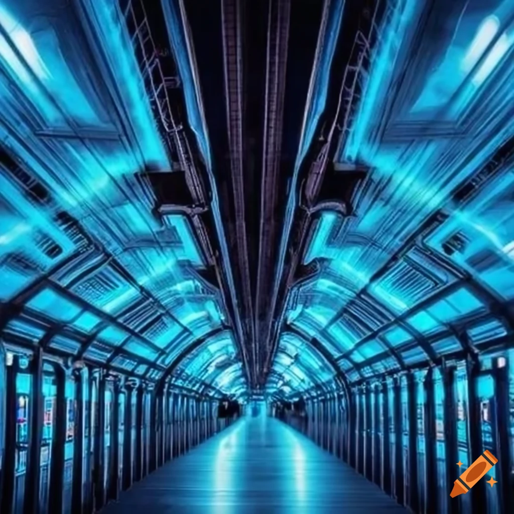 neon blue lit subway station