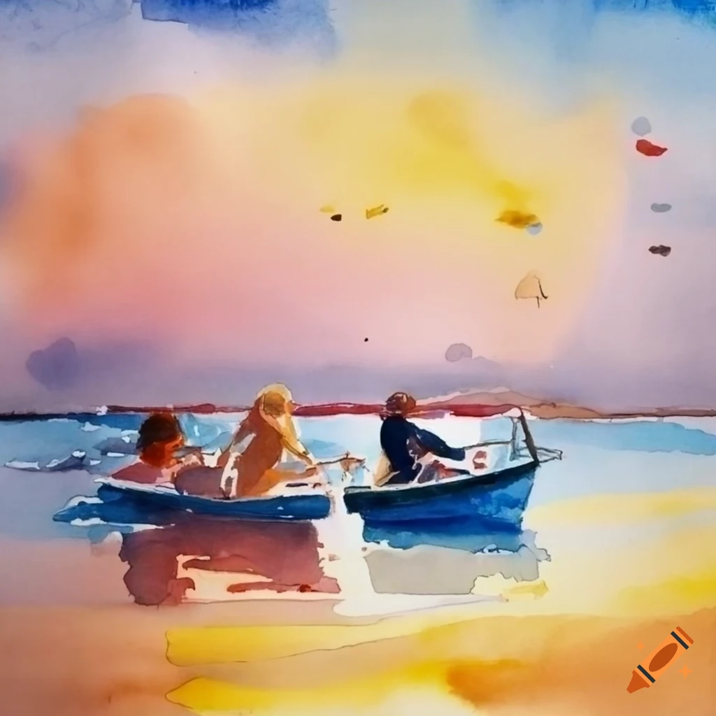 Watercolor painting of three people on a boat