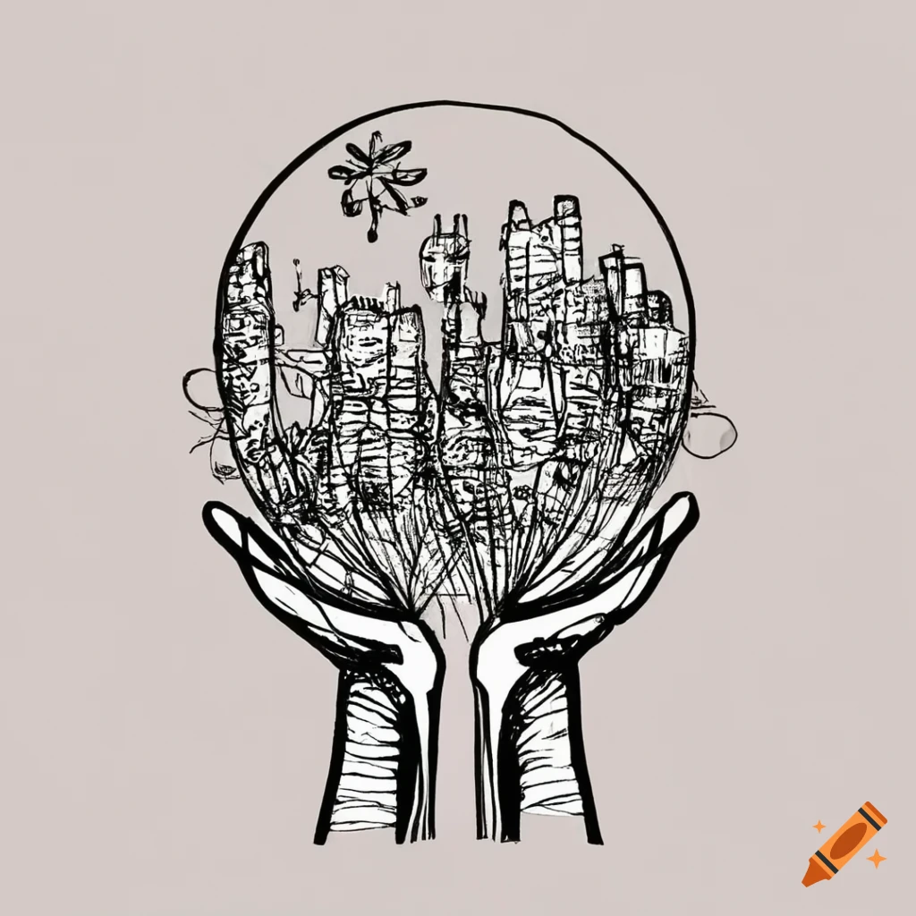 black ink illustration of hands holding a city with a growing flower
