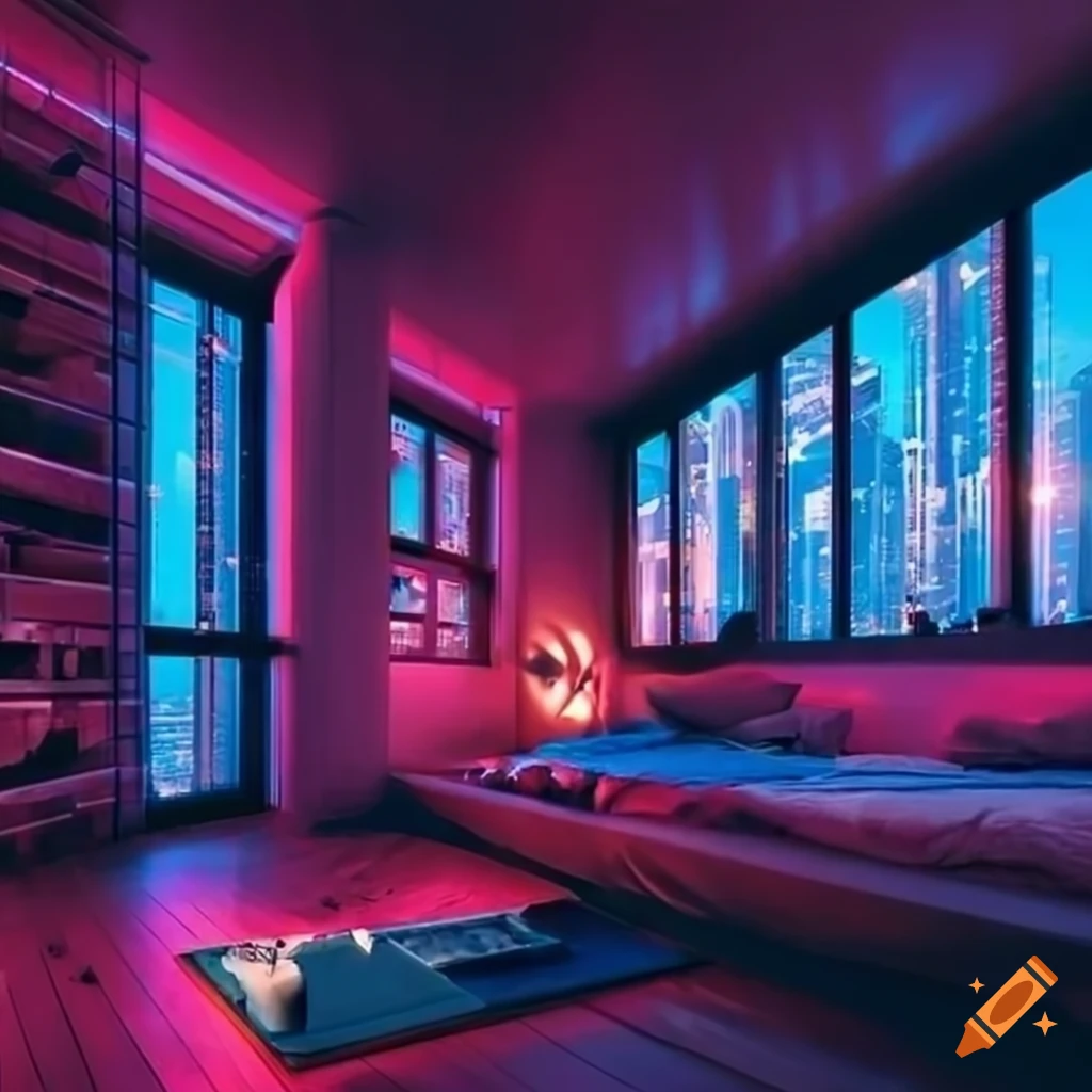 Futuristic loft bedroom with skyscraper view