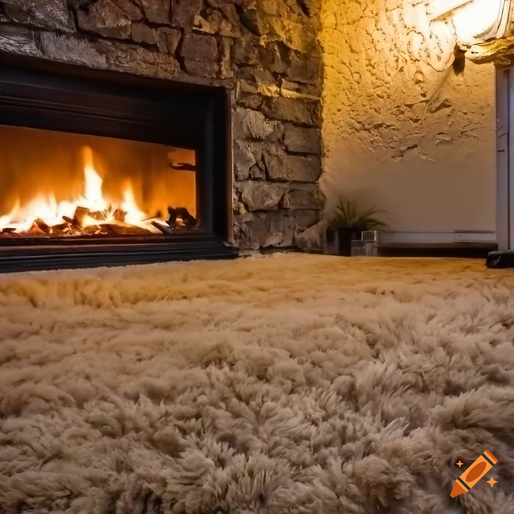 Wide angle view of a bear fur carpet in front of a fireplace