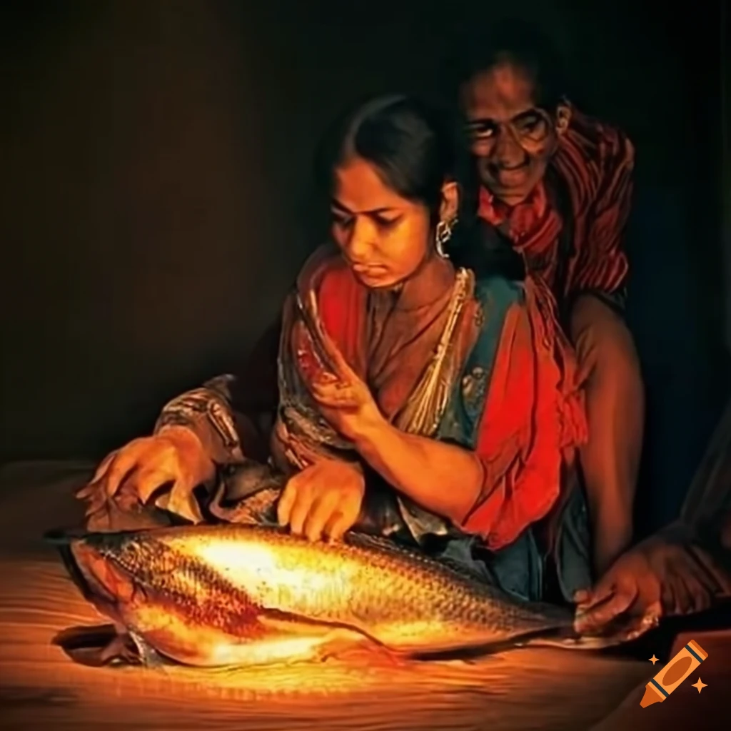 Madheshi people enjoying a fish meal on Craiyon