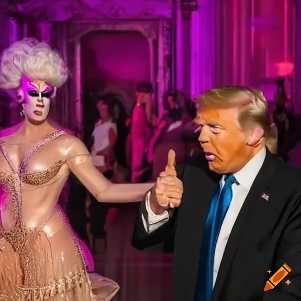 satirical image of Donald Trump at a drag queen show