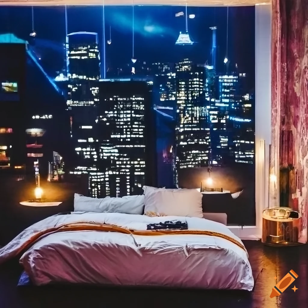 night view of a bedroom with city skyline
