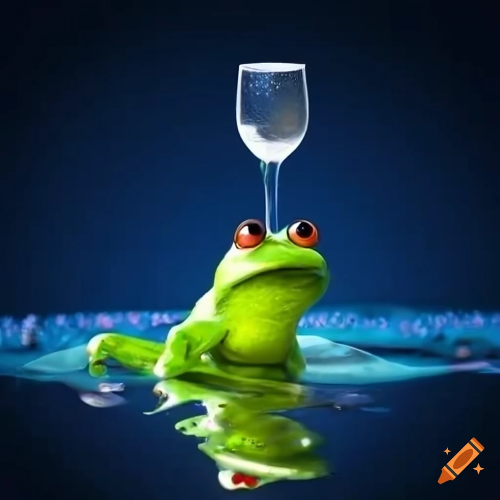 Animated funny frog at a pond with champagne glass